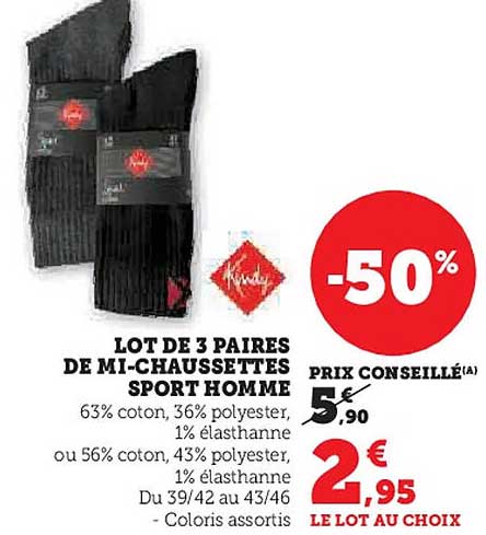 LOT DE 3 PAIRS DE MI-CHAUSSETTES SPORT HOMME