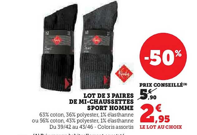 LOT DE 3 PAIRS DE MI-CHAUSSETTES SPORT HOMME