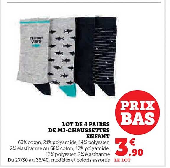 LOT DE 4 PAIRES DE MI-CHAUSSETTES ENFANT