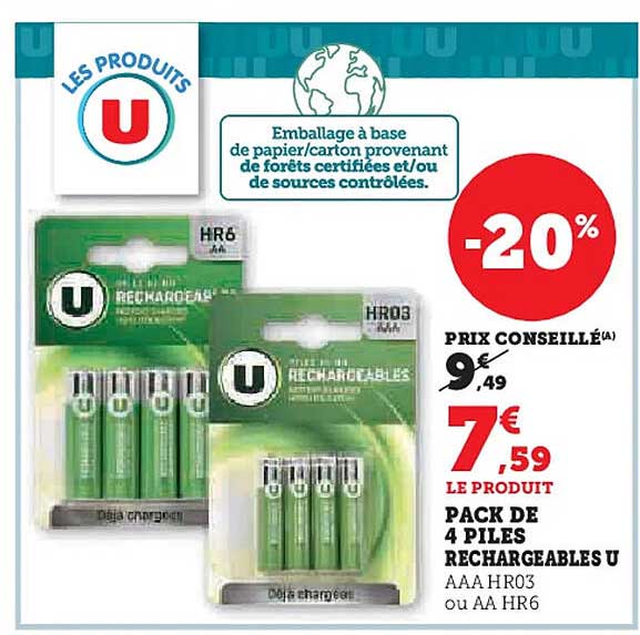 PACK DE 4 PILES RECHARGEABLES U