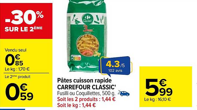 Pâtes cuisson rapide CARREFOUR CLASSIC'