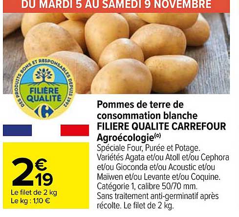 Pommes de terre de consommation blanche FILIERE QUALITE CARREFOUR Agroécologie