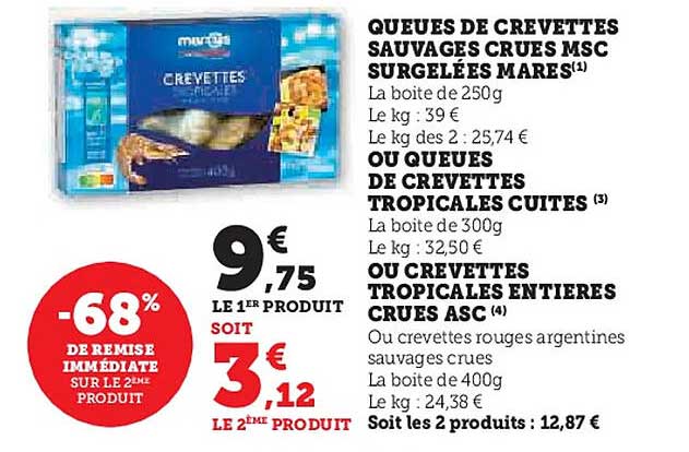 QUEUES DE CREVETTES SAUVAGES CRUES MSC SURGELÉES MAREES