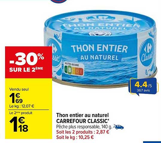 Thon entier au naturel CARREFOUR CLASSIC’