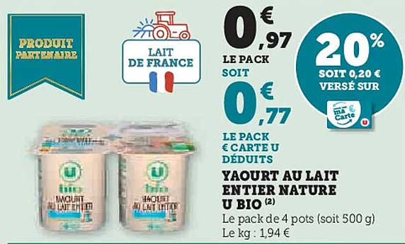 YAOURT AU LAIT ENTIER NATURE U BIO