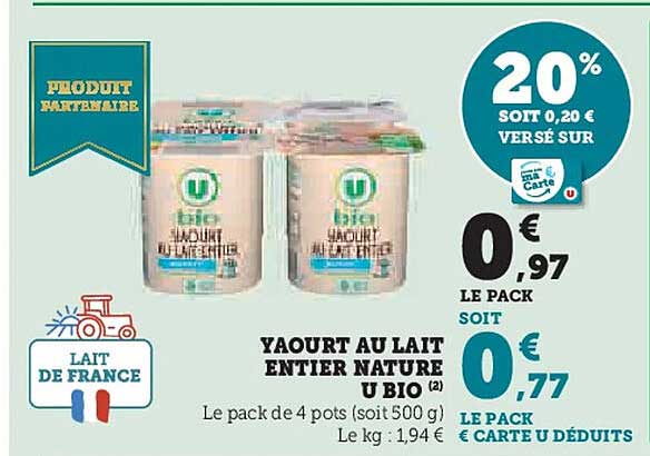 YAOURT AU LAIT ENTIER NATURE U BIO