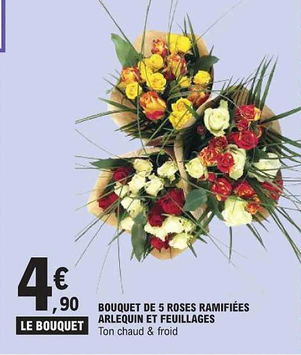 BOUQUET DE 5 ROSES RAMIFIÉES ARLEQUIN ET FEUILLAGES