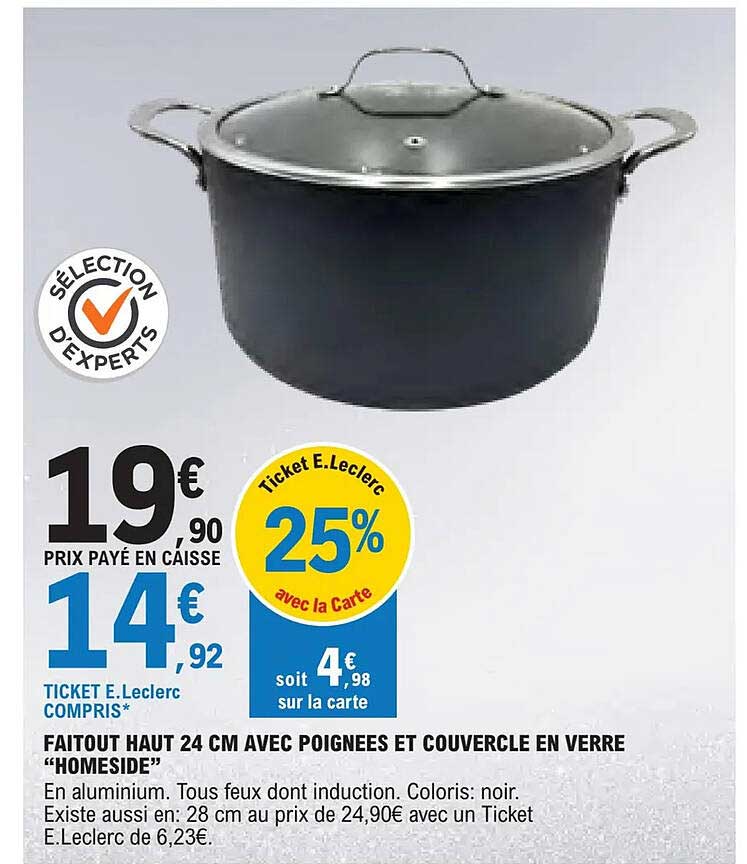 FAITOUT HAUT 24 CM AVEC POIGNÉES ET COUVERCLE EN VERRE "HOMESIDE"