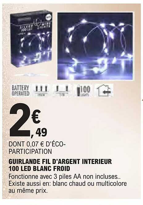 GUIRLANDE FIL D'ARGENT INTERIEUR 100 LED BLANC FROID