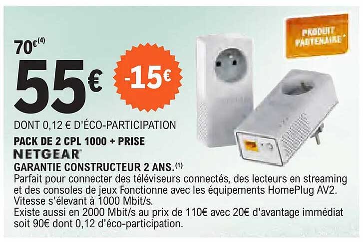 PACK DE 2 CPL 1000 + PRISE NETGEAR