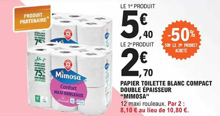 PAPIER TOILETTE BLANC COMPACT DOUBLE ÉPAISSEUR "MIMOSA"