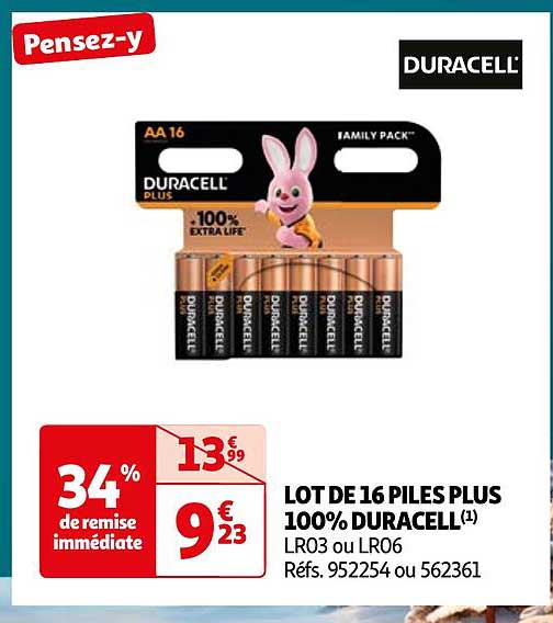 LOT DE 16 PILES PLUS 100% DURACELL