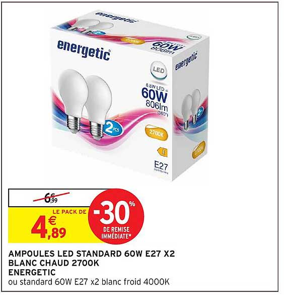 AMPOULES LED STANDARD 60W E27 X2 BLANC CHAUD 2700K ENERGETIC