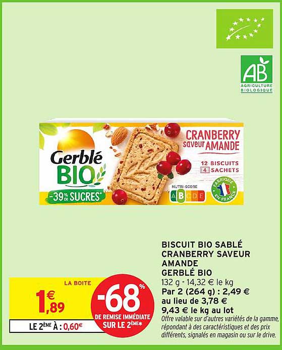 BISCUIT BIO SABLÉ CRANBERRY SAVEUR AMANDE GERBLÉ BIO