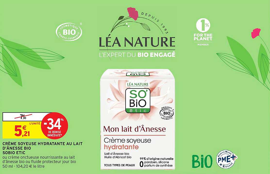 CRÈME SOYEUSE HYDRATANTE AU LAIT D'ÂNESSE BIO SO'BIO étic