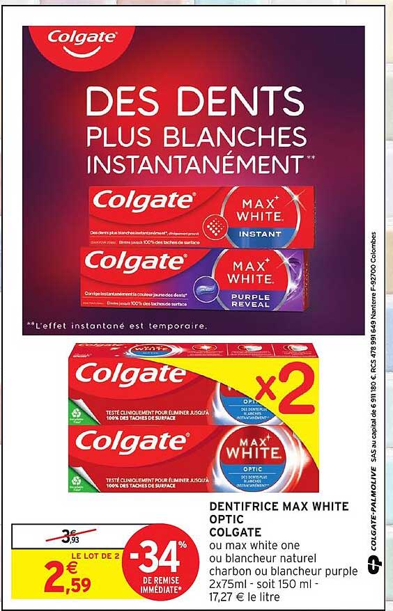 DENTIFRICE MAX WHITE OPTIC COLGATE