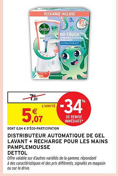 DISTRIBUTEUR AUTOMATIQUE DE GEL LAVANT + RECHARGE POUR LES MAINS PAMPELOUSE DETTOL