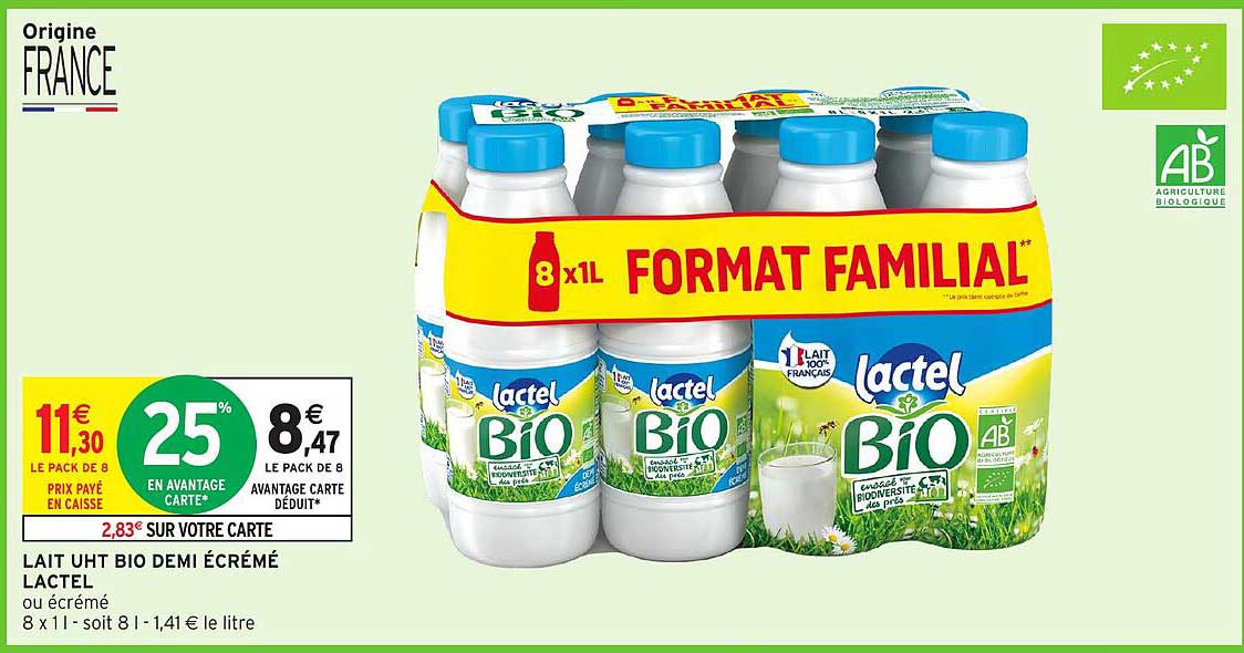 Lait UHT Bio demi écrémé Lactel 8 x 1L FORMAT FAMILIAL