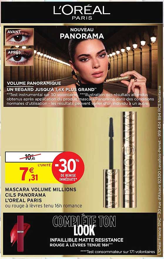 MAScara VOLUME MILLIONS CILS PANORAMA L'ORÉAL PARIS ou rouge à lèvres tenu 16h romance