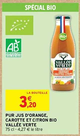 PUR JUS D'ORANGE, CAROTTE ET CITRON BIO VALLÉE VERTE