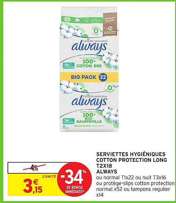 SERVIETTES HYGIÉNIQUES COTTON PROTECTION LONG T2X18 ALWAYS