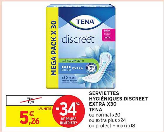 SERVIETTES HYGIÉNIQUES DISCREET EXTRA X30 TENA