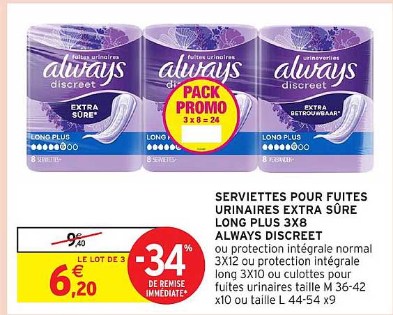 SERVIETTES POUR FUITES URINAIRES EXTRA SÛRE LONG PLUS 3X8 ALWAYS DISCREET