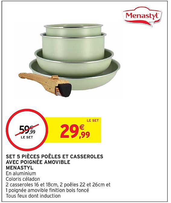 SET 5 PIÈCES POÊLES ET CASSEROLES AVEC POIGNÉE AMOVIBLE MENASTYL