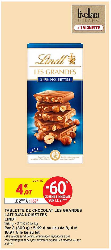 TABLETTE DE CHOCOLAT LES GRANDES LAIT 34% NOISETTES LINDT