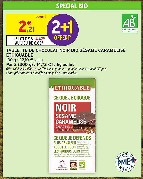 TABLETTE DE CHOCOLAT NOIR BIO SÉSAME CARAMÉLISÉ ETHIQUABLE