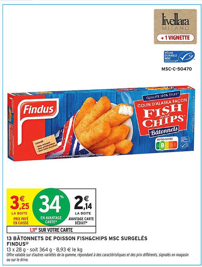 13 BÂTONNETS DE POISSON FISH&CHIPS MSC SURGELÉS FINDUS