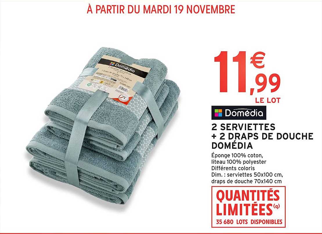 2 SERVIETTES + 2 DRAPS DE DOUCHE DOMÉDIA