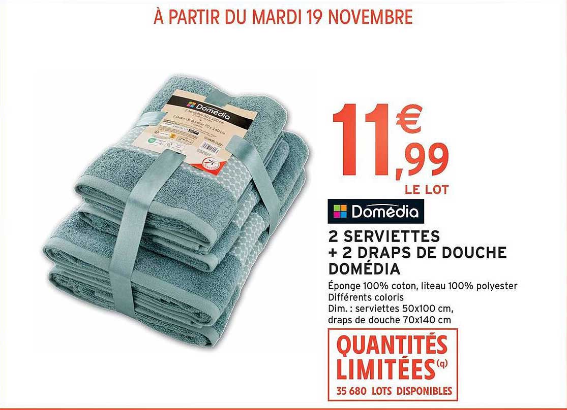 2 SERVIETTES + 2 DRAPS DE DOUCHE DOMÉDIA