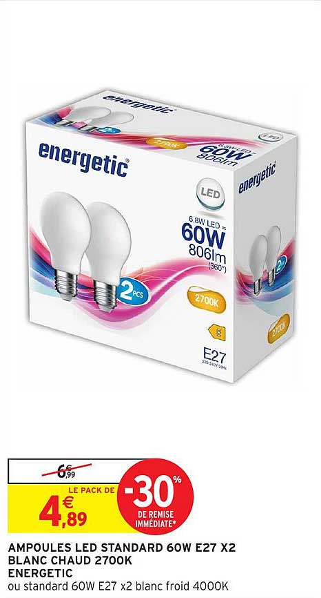 AMPOULES LED STANDARD 60W E27 X2 BLANC CHAUD 2700K ENERGETIC