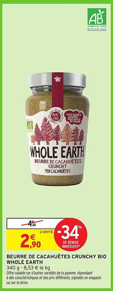 BEURRE DE CACAHUÈTES CRUNCHY BIO WHOLE EARTH