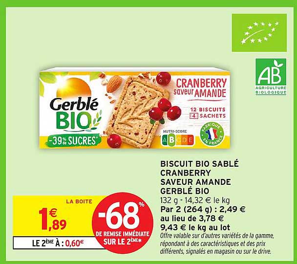 BISCUIT BIO SABLÉ CRANBERRY SAVEUR AMANDE GERBLÉ BIO