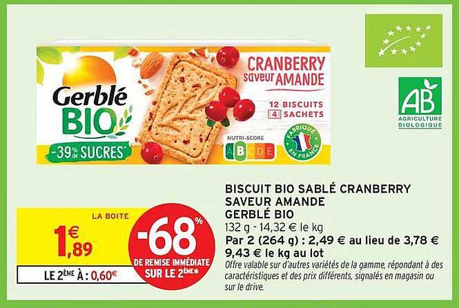 BISCUIT BIO SABLÉ CRANBERRY SAVEUR AMANDE GERBLÉ BIO