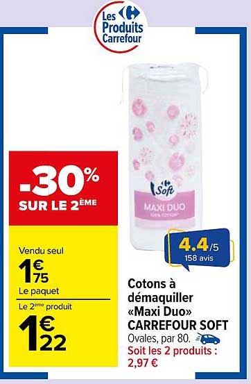 Cotons à démaquiller «Maxi Duo» CARREFOUR SOFT