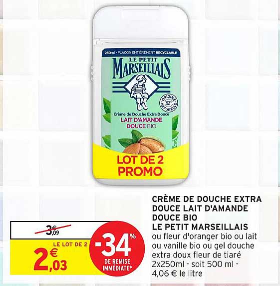 CRÈME DE DOUCHE EXTRA DOUCE LAIT D'AMANDE DOUCE BIO LE PETIT MARSEILLAIS