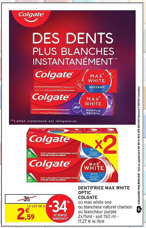 DENTIFRICE MAX WHITE OPTIC COLGATE