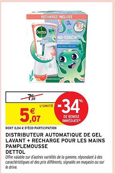 DISTRIBUTEUR AUTOMATIQUE DE GEL LAVANT + RECHARGE POUR LES MAINS PAMPLEMOUSSE DETTOL