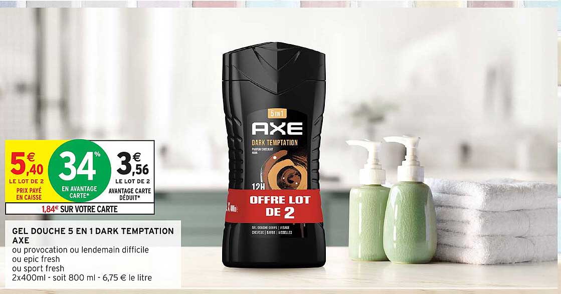 GEL DOUCHE 5 EN 1 DARK TEMPTATION AXE OFFRE LOT DE 2