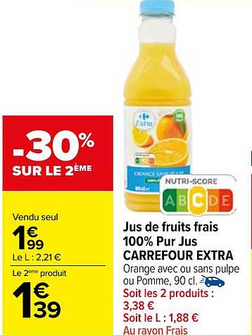 Jus de fruits frais 100% Pur Jus CARREFOUR EXTRA