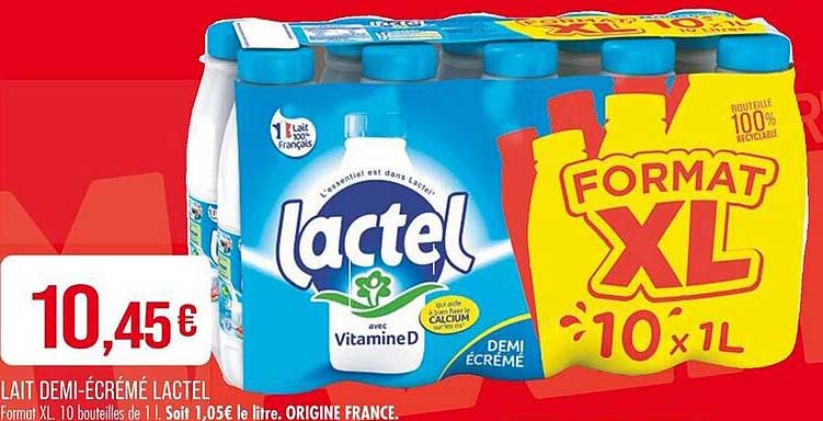 LAIT DEMI-ÉCRÉMÉ LACTEL FORMAT XL 10 X 1L