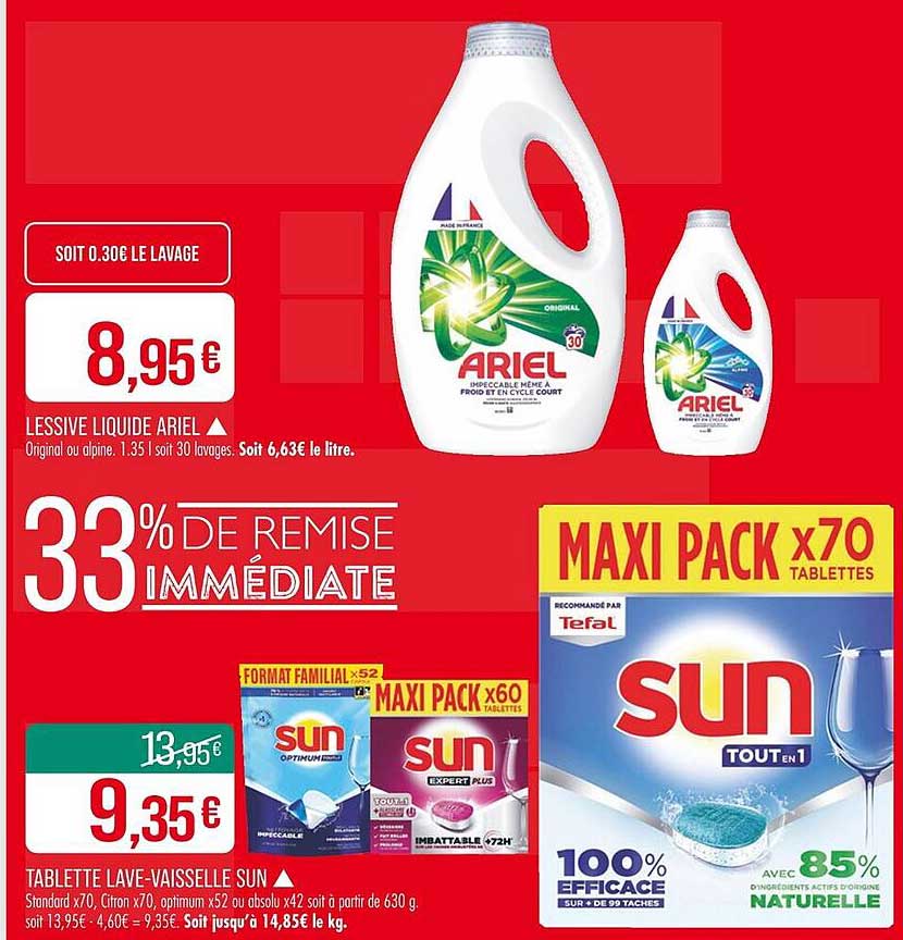 LESSIVE LIQUIDE ARIEL  
MAXI PACK x70 TABLETTES SUN  