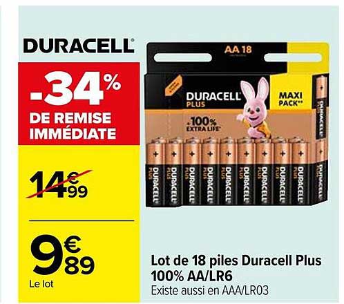 Lot de 18 piles Duracell Plus 100% AA/LR6