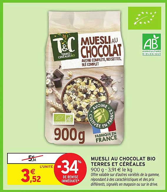 MUESLI AU CHOCOLAT BIO TERRES ET CÉRÉALES