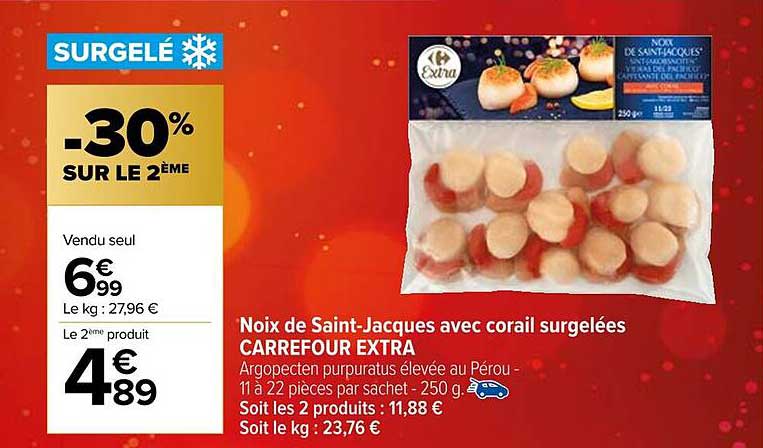 Noix de Saint-Jacques avec corail surgelées CARREFOUR EXTRA