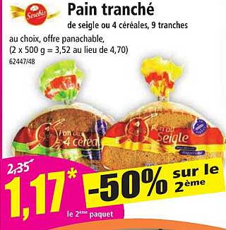 Pain tranché de seigle ou 4 céréales, 9 tranches