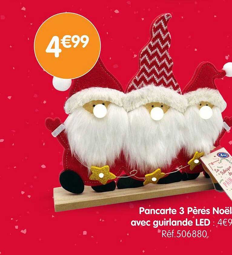 Pancarte 3 Pères Noël avec guirlande LED